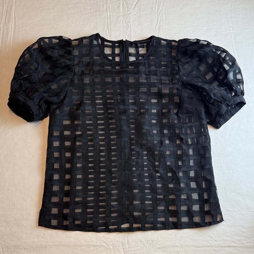 English Factory Black Sheer Grid Pattern Puff Short Sleeve Blouse Size XS